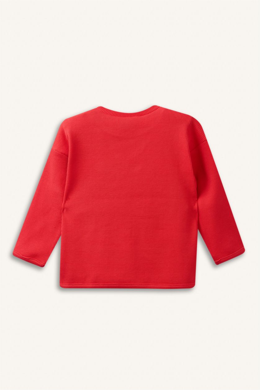 Kız Bebek Kırmızı Bisiklet Yaka Slogan Baskılı Waffle Uzun Kollu Tişört Kız Bebek