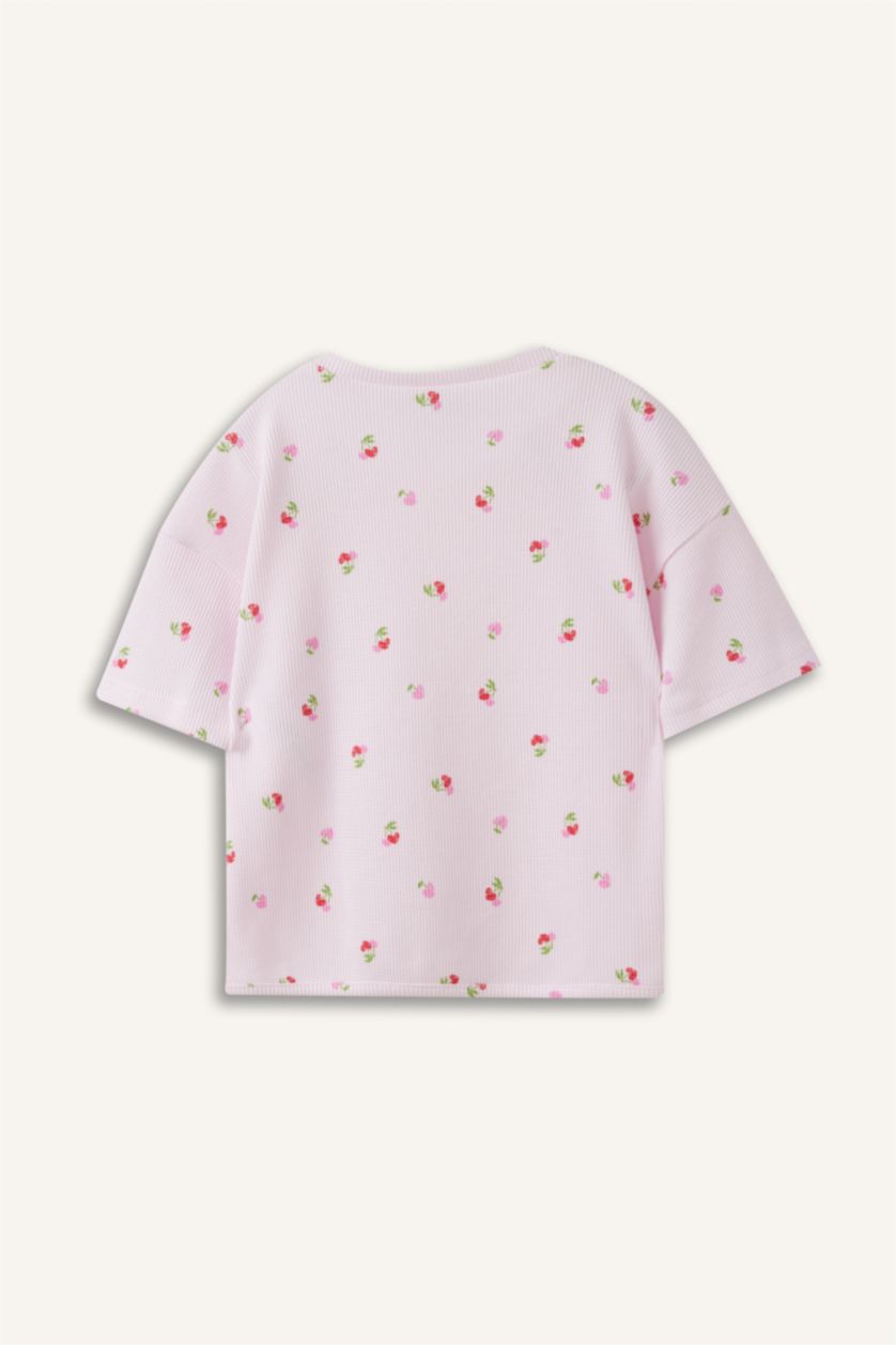 Kız Bebek Açık Pembe Waffle Kısa kollu Tişört Kız Bebek