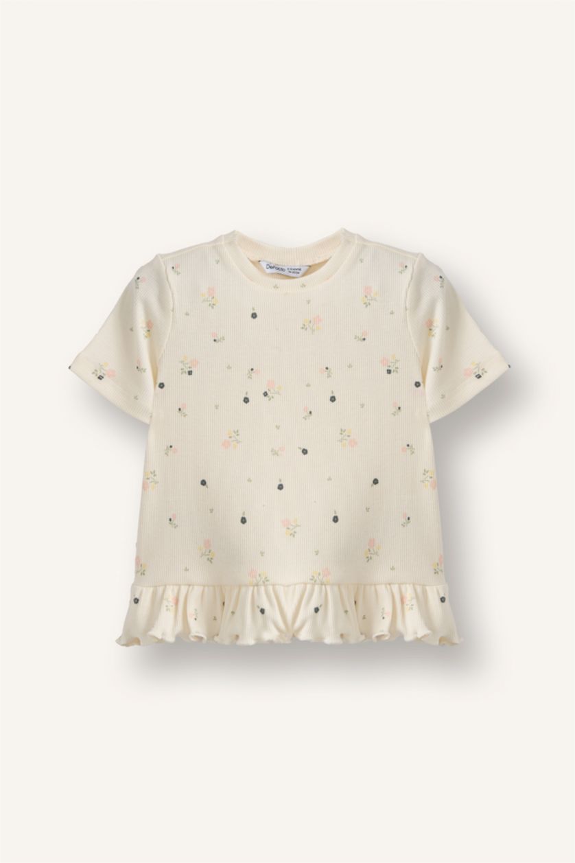 Kız Bebek Kırık Beyaz Çiçekli Fitilli Kaşkorse Tişört Kız Bebek