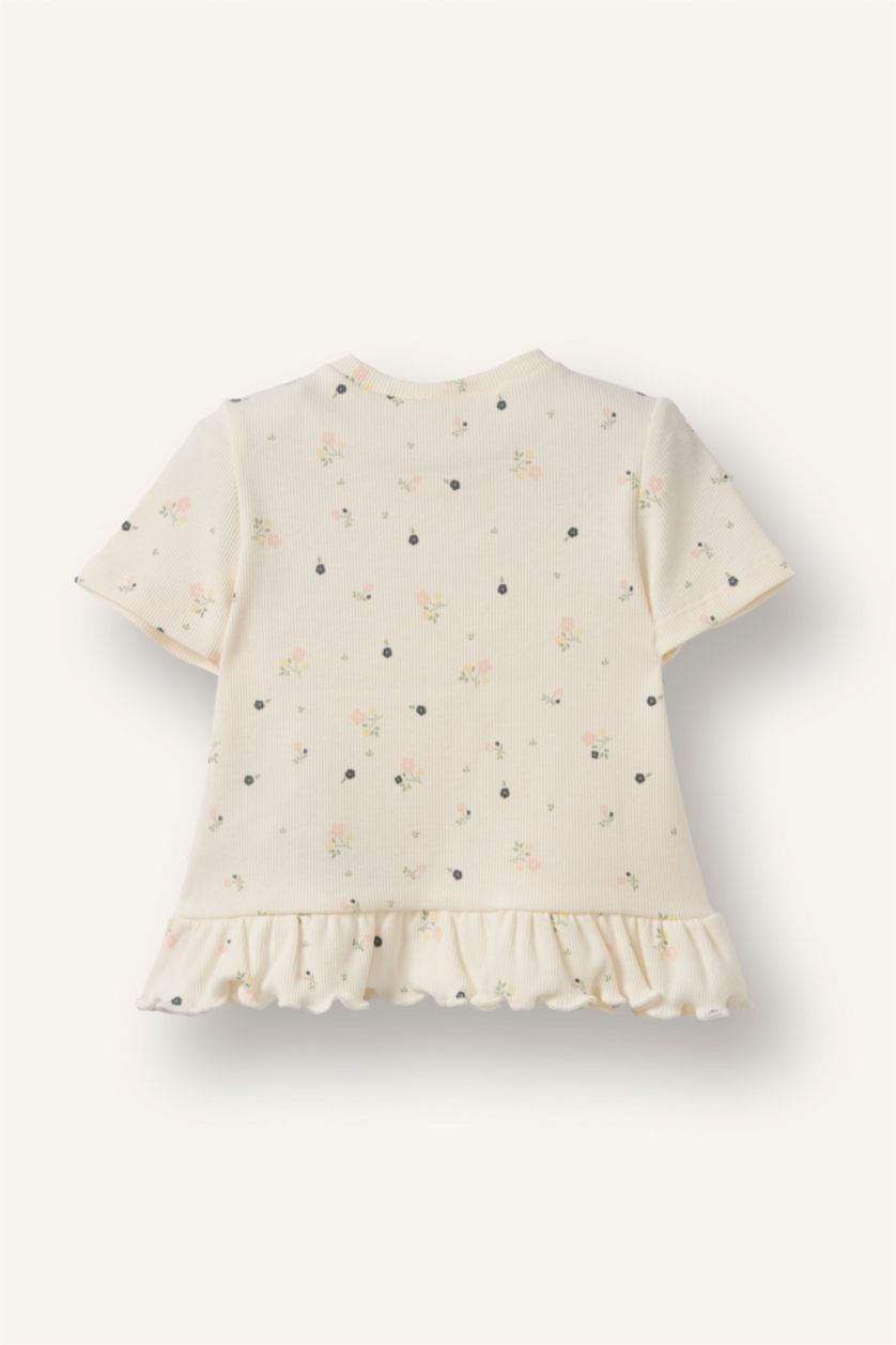 Kız Bebek Kırık Beyaz Çiçekli Fitilli Kaşkorse Tişört Kız Bebek