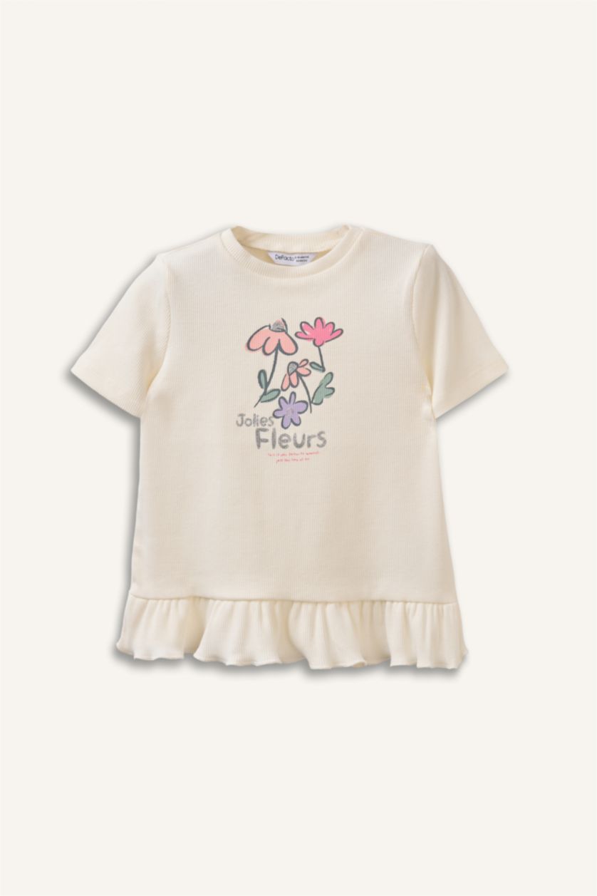 Kız Bebek Kırık Beyaz Bisiklet Yaka Floral Fitilli Kaşkorse Uzun Kollu Tişört Kız Bebek