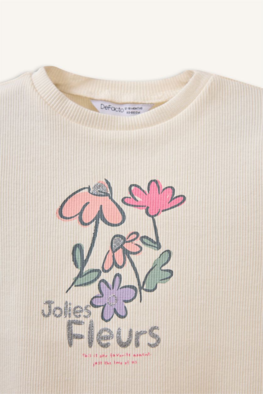 Kız Bebek Kırık Beyaz Bisiklet Yaka Floral Fitilli Kaşkorse Uzun Kollu Tişört Kız Bebek