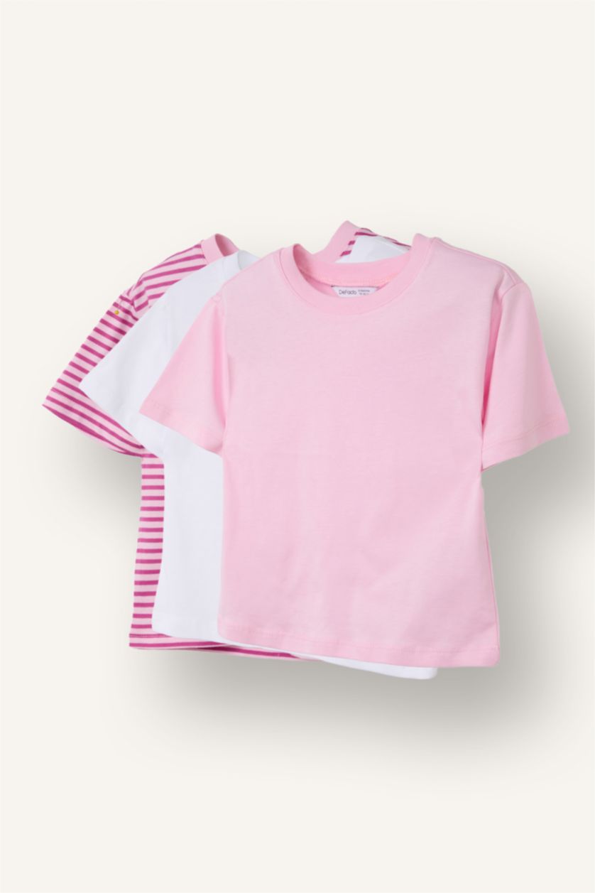 Kız Bebek Pembe Çizgili Penye 3'lü Tişört Kız Bebek