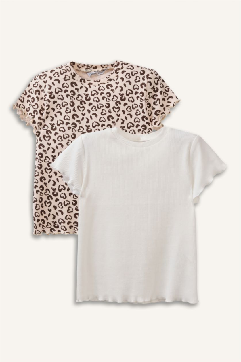Kız Bebek Ekru Bisiklet Yaka Leopar Desenli Fitilli Kaşkorse 2'li Uzun Kollu Tişört Kız Bebek