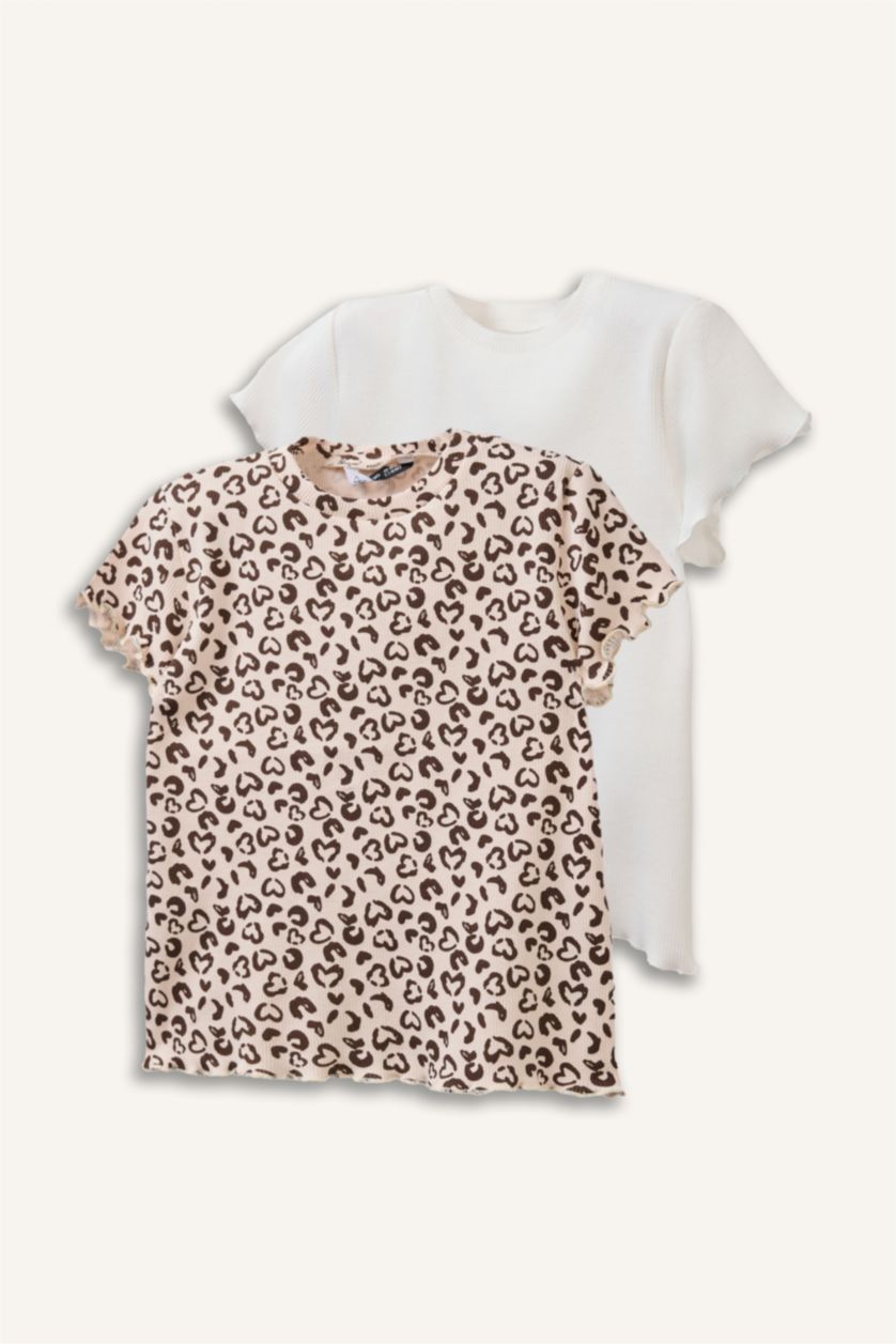 Kız Bebek Ekru Bisiklet Yaka Leopar Desenli Fitilli Kaşkorse 2'li Uzun Kollu Tişört Kız Bebek