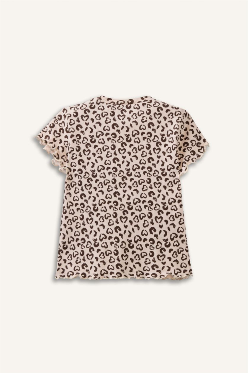 Kız Bebek Ekru Bisiklet Yaka Leopar Desenli Fitilli Kaşkorse 2'li Uzun Kollu Tişört Kız Bebek