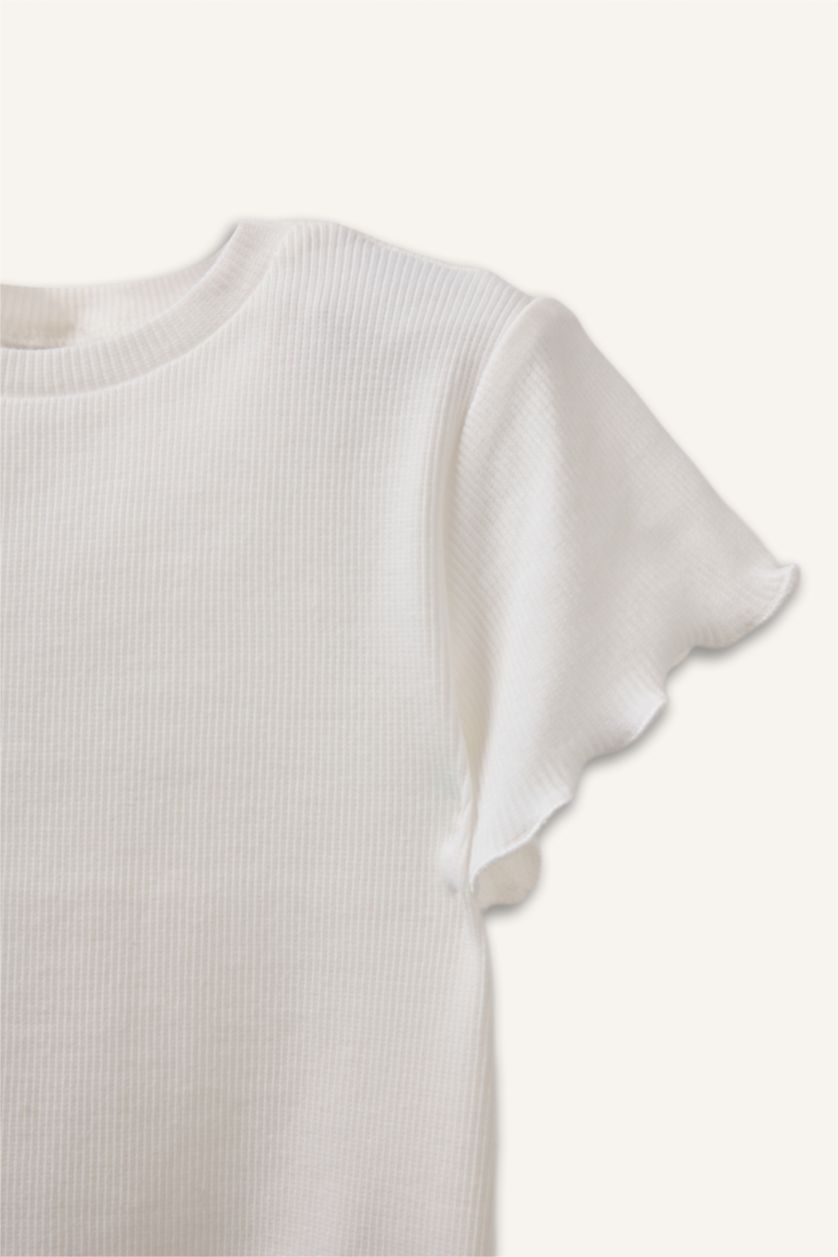 Kız Bebek Ekru Bisiklet Yaka Leopar Desenli Fitilli Kaşkorse 2'li Uzun Kollu Tişört Kız Bebek