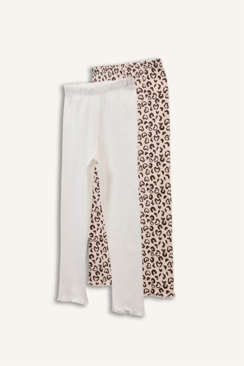 Kız Bebek Ekru Leopar Desenli Fitilli Kaşkorse 2'li Tayt Kız Bebek