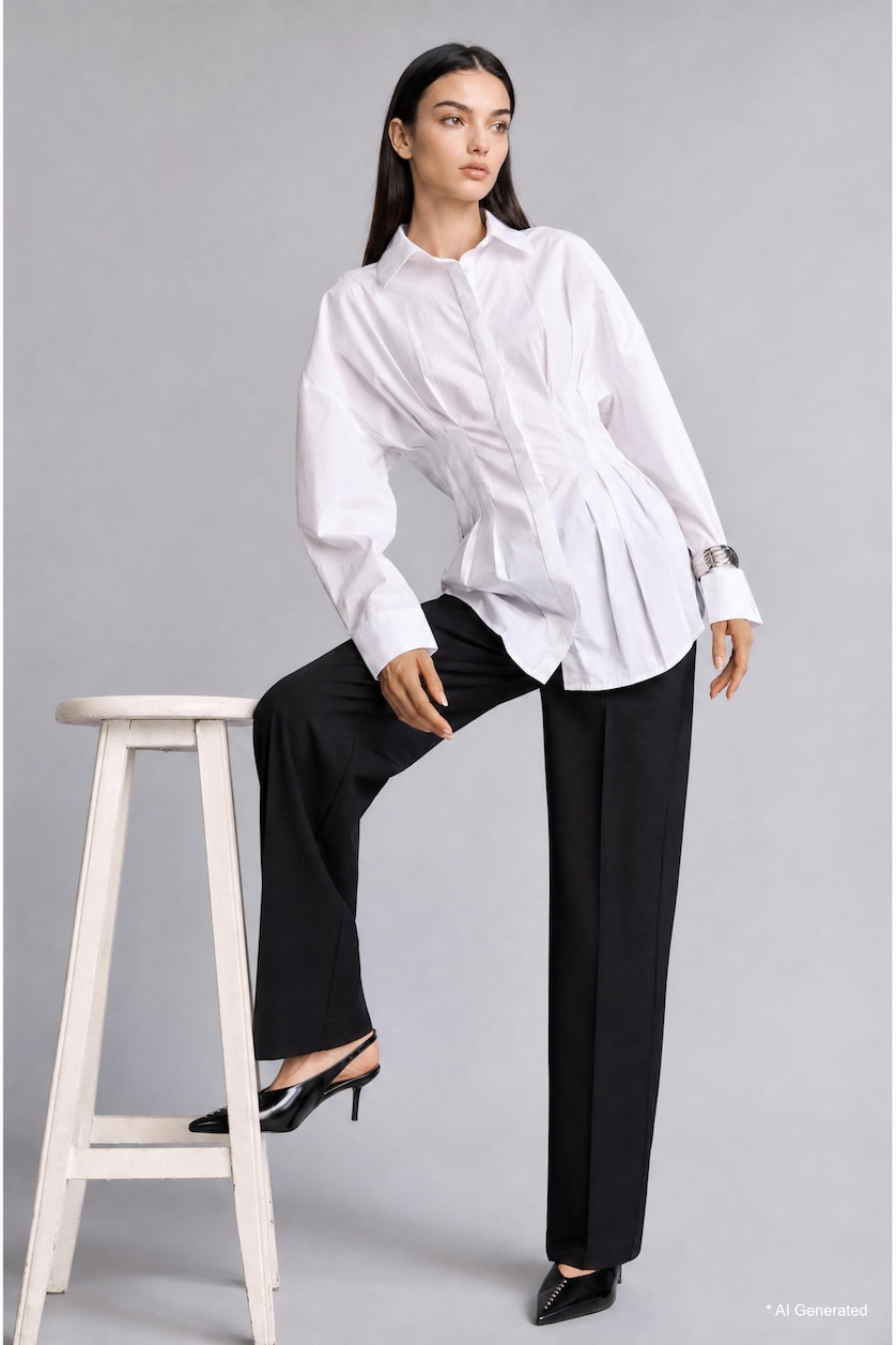 FEMME Blanc Chemise à manches longues en popeline 100% coton à col classique avec détail pinces Coupe ajustée
