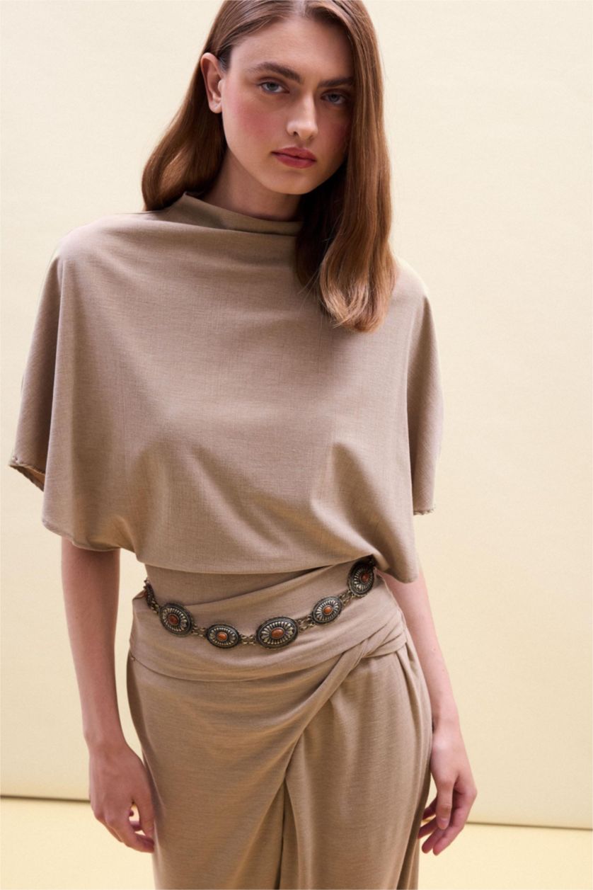 WOMAN Beige Slim Fit Crepe Short Sleeve T-Shirt