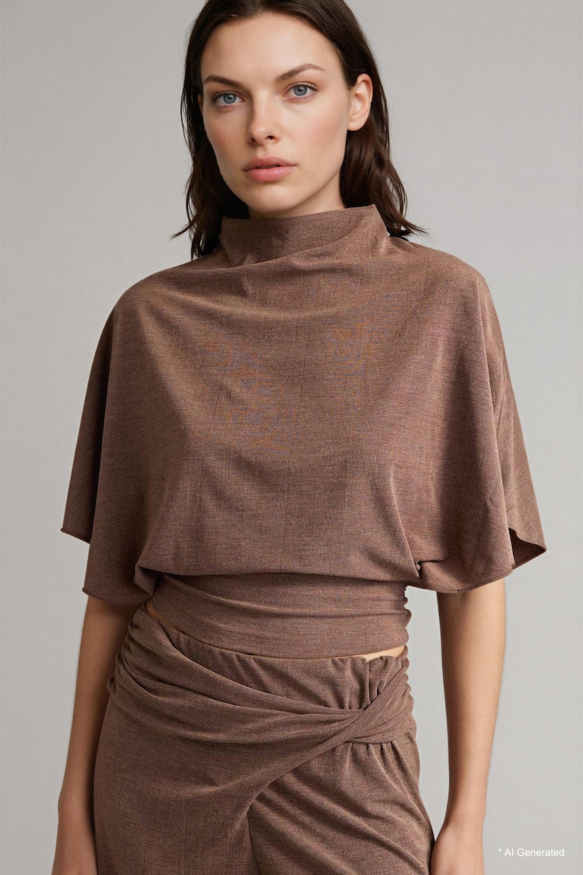 WOMAN Light Brown Slim Fit Half Turtleneck Crepe Short Sleeve T-Shirt