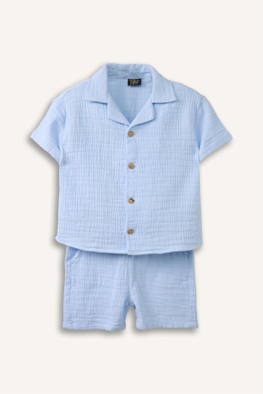 Erkek Bebek Açık Mavi Müslin 2'li Takım Erkek Bebek