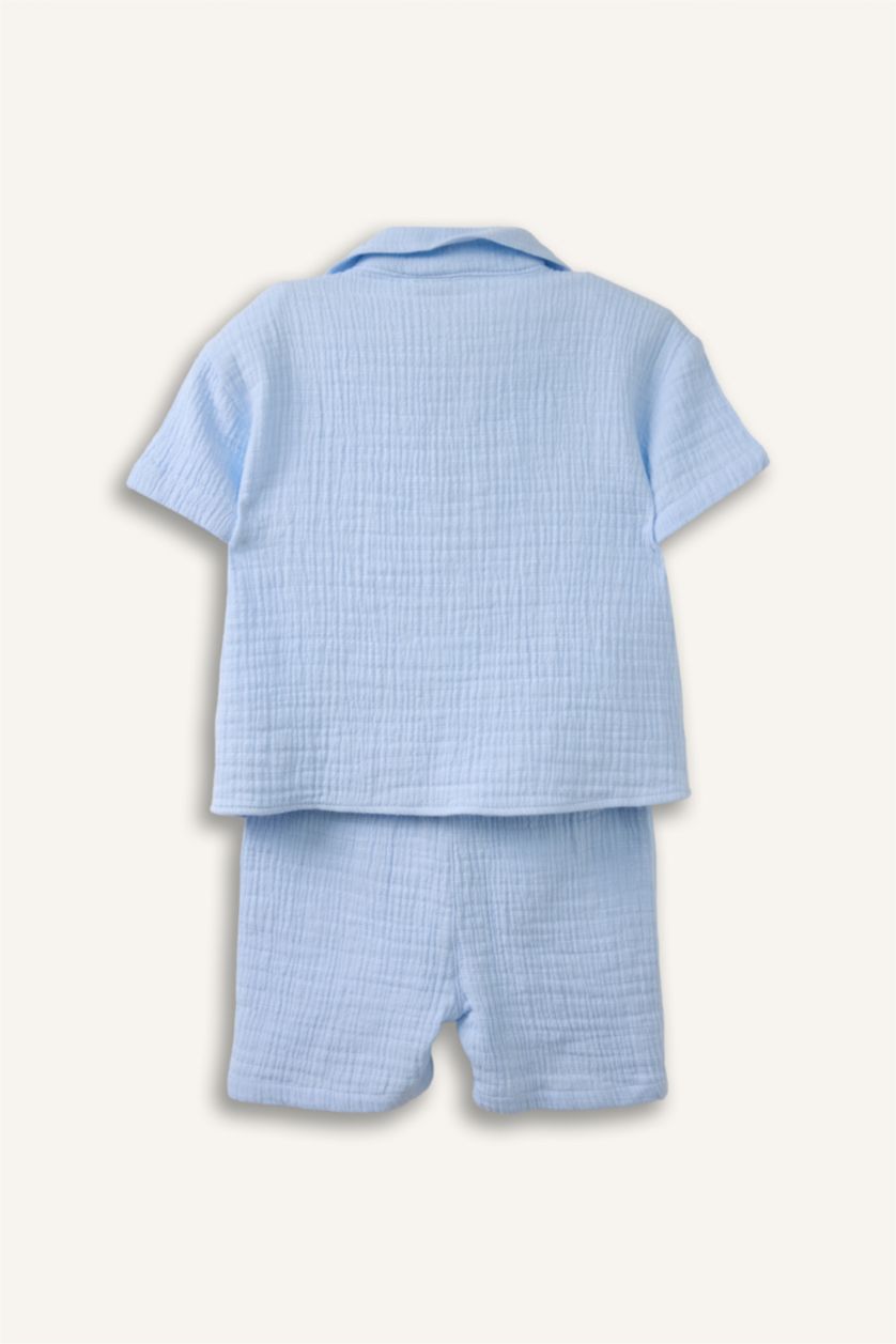 Erkek Bebek Açık Mavi Müslin 2'li Takım Erkek Bebek