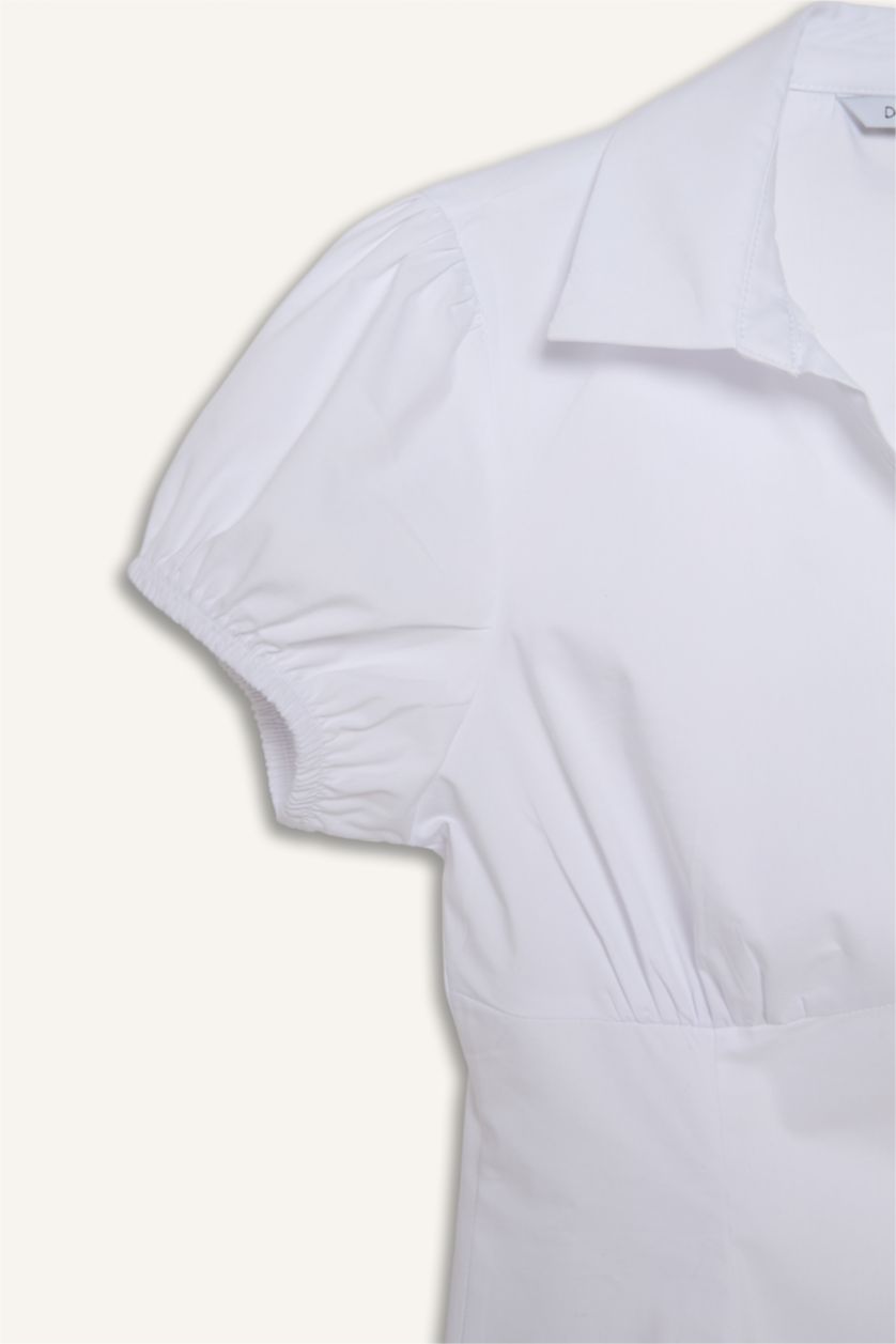 Kadın Beyaz Fıtted Gömlek Yaka Kısa Kollu Gömlek
