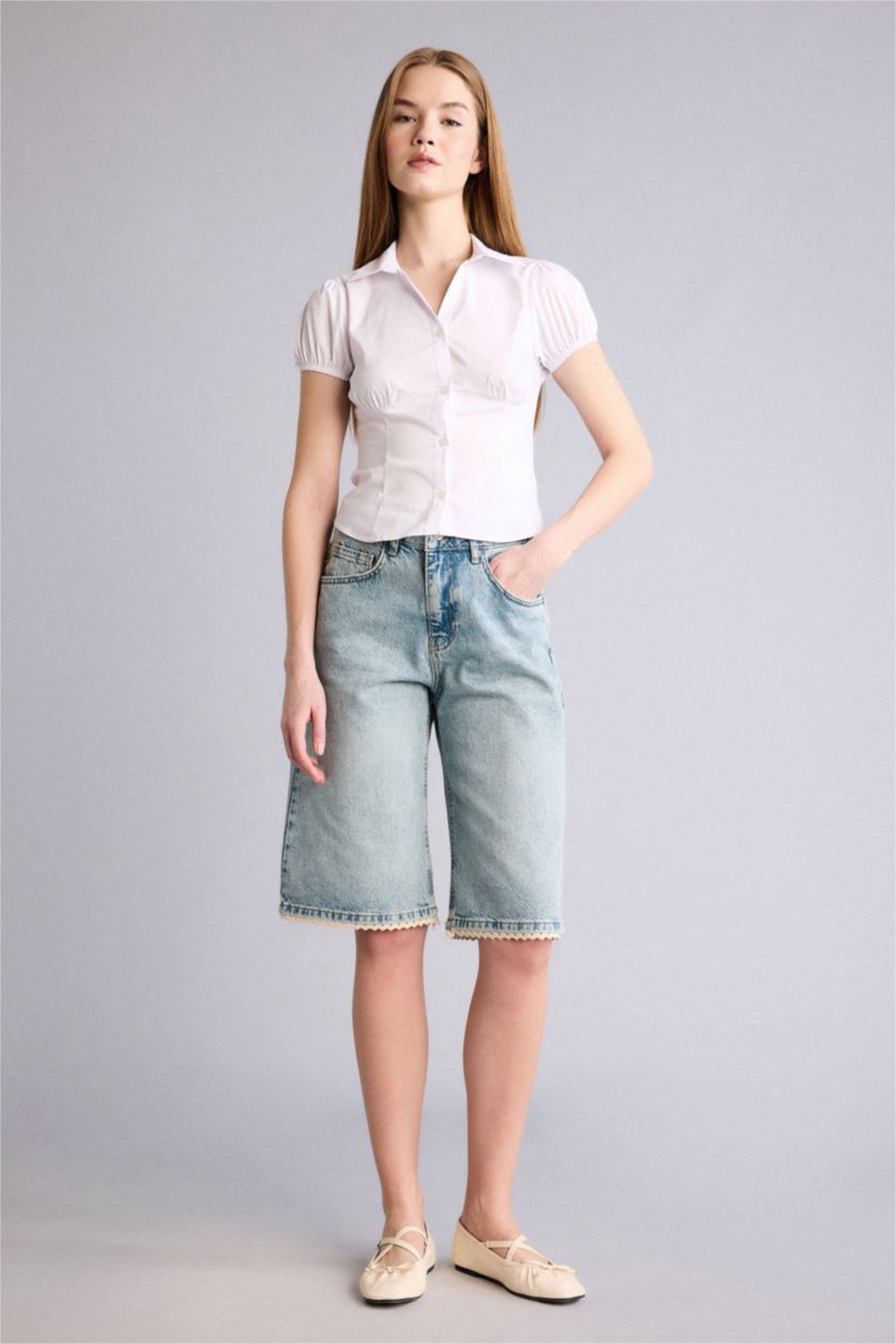 Woman White قميص نص ردن مخصر سليم فيت