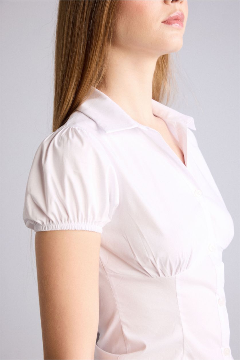 Woman White قميص نص ردن مخصر سليم فيت