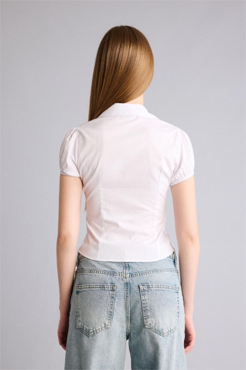 Woman White قميص نص ردن مخصر سليم فيت