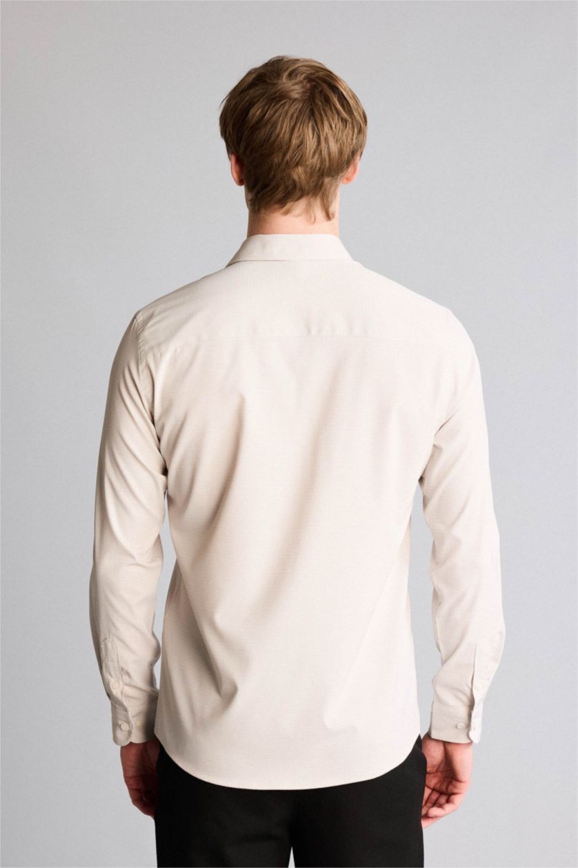 Erkek Taş Slım Fıt Gömlek Yaka Baskılı Uzun Kollu Gömlek