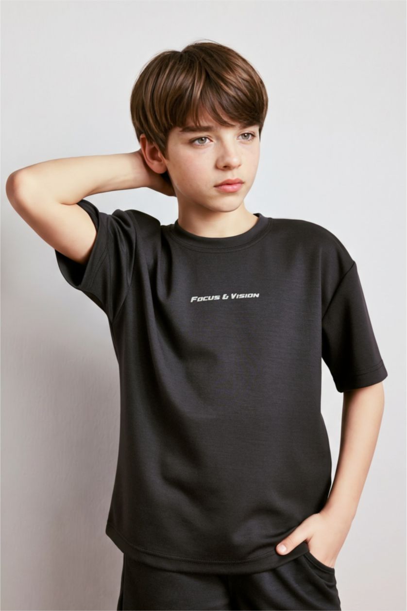 GARÇONS Anthracite T-shirt boxy imprimé slogan à col rond et manches courtes pour garçon