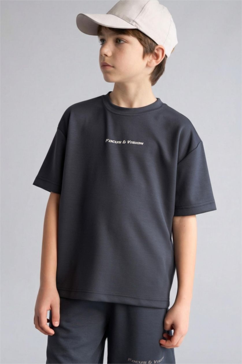 GARÇONS Anthracite T-shirt boxy imprimé slogan à col rond et manches courtes pour garçon