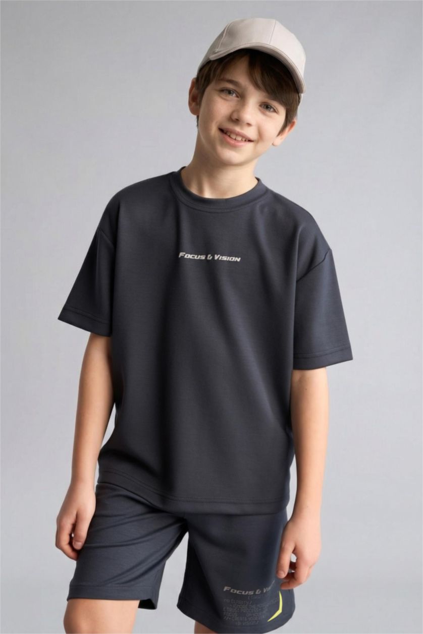 GARÇONS Anthracite T-shirt boxy imprimé slogan à col rond et manches courtes pour garçon