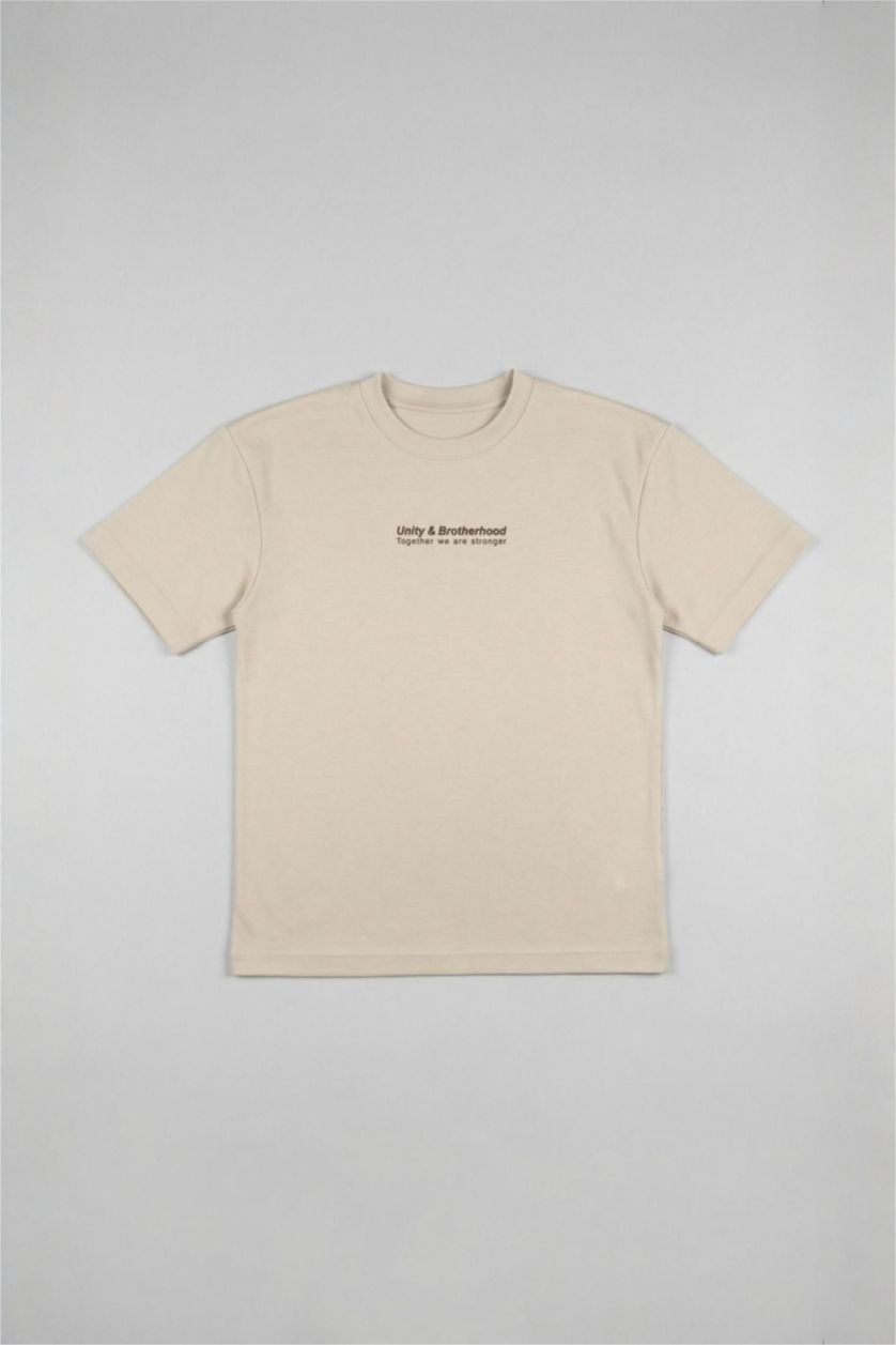 Erkek Çocuk - Genç Erkek Bej Oversıze Bisiklet Yaka Slogan Baskılı Modal Kısa Kollu Tişört Erkek Çocuk