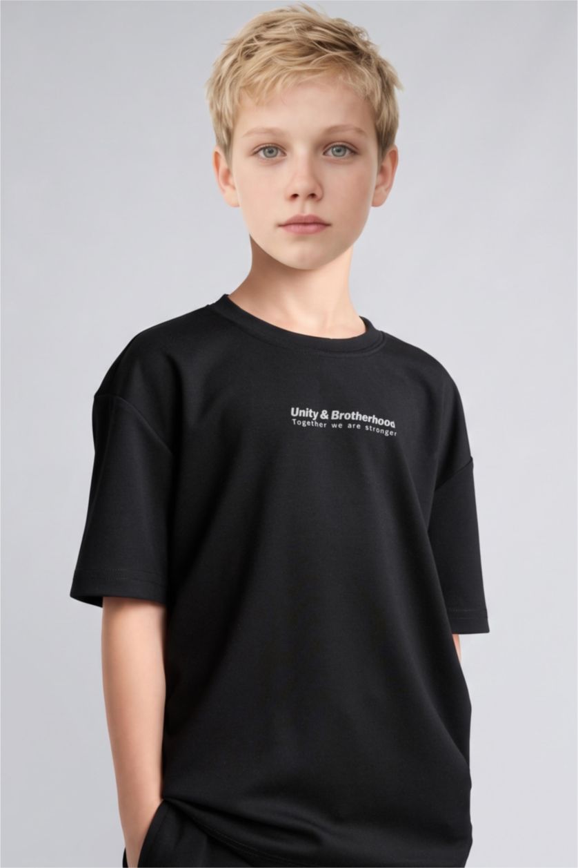 Erkek Çocuk - Genç Erkek Siyah Oversize Kısa Kollu Modal Baskılı Tişört Erkek Çocuk