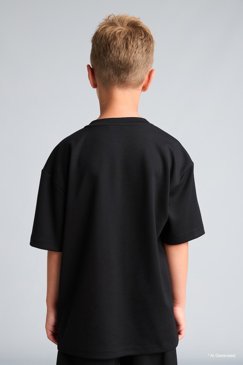 Erkek Çocuk - Genç Erkek Siyah Oversize Kısa Kollu Modal Baskılı Tişört Erkek Çocuk