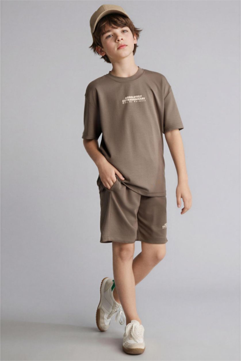 Erkek Çocuk - Genç Erkek Meşe Yeşili Oversıze Baskılı Tişört