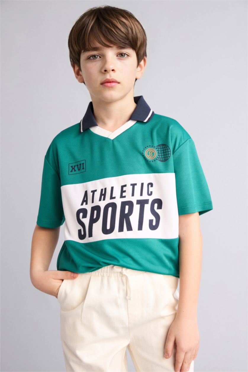 Erkek Çocuk - Genç Erkek Yeşil Oversize Kısa kollu Tül Polo Tişört Erkek Çocuk