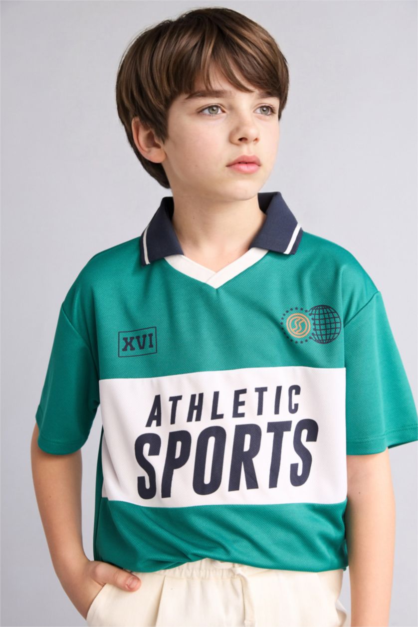 Erkek Çocuk - Genç Erkek Yeşil Oversize Kısa kollu Tül Polo Tişört Erkek Çocuk