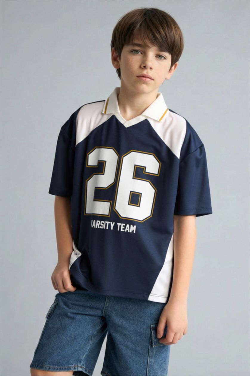 Erkek Çocuk - Genç Erkek Lacivert Oversize Kısa kollu Tül Polo Tişört Erkek Çocuk