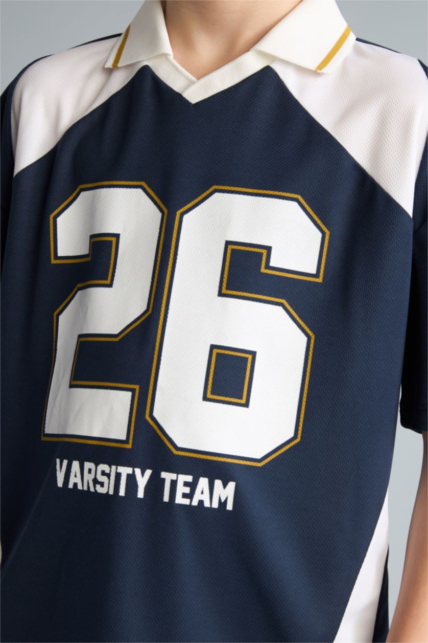 Erkek Çocuk - Genç Erkek Lacivert Oversize Kısa kollu Tül Polo Tişört Erkek Çocuk