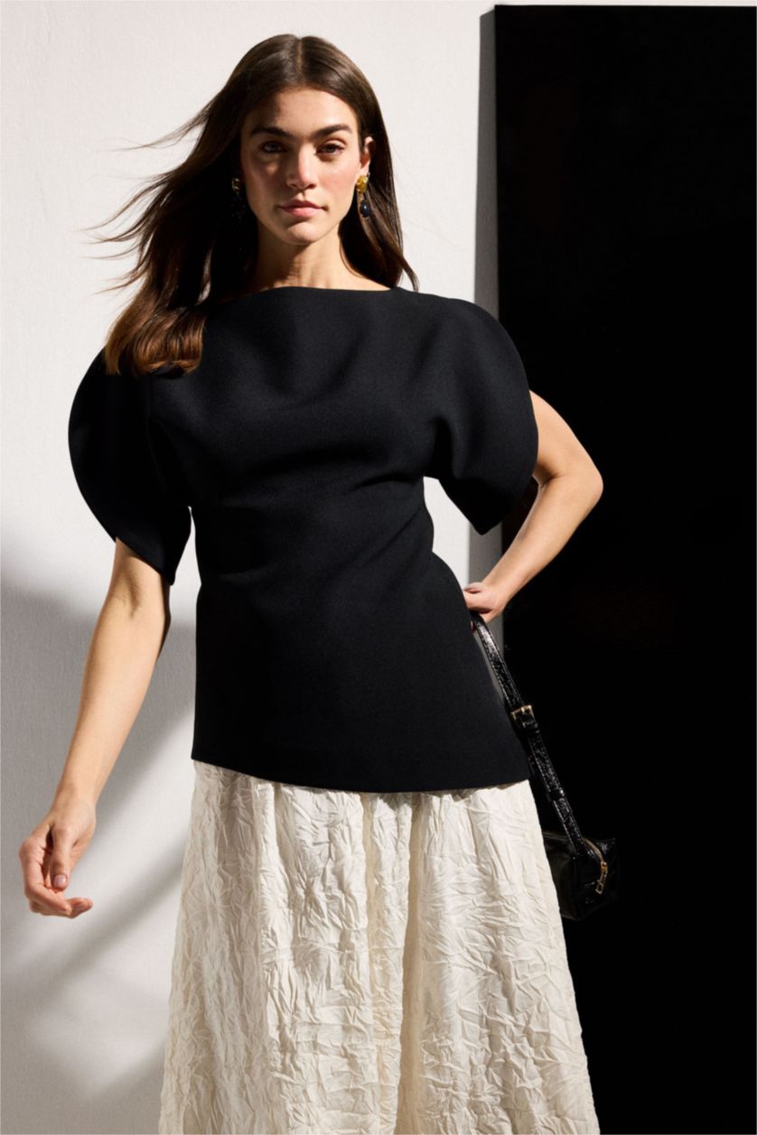 نساء أسود بلوزة نص ردن كريب سليم فيت بياخة عريضة من Afra x Defacto