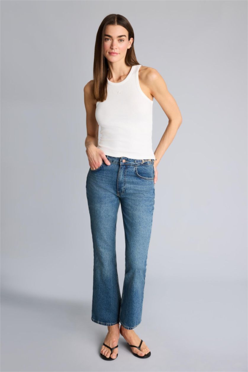 Kadın Mavi Afra x Defacto Crop Flare Fıt Normal Bel Jean Pantolon