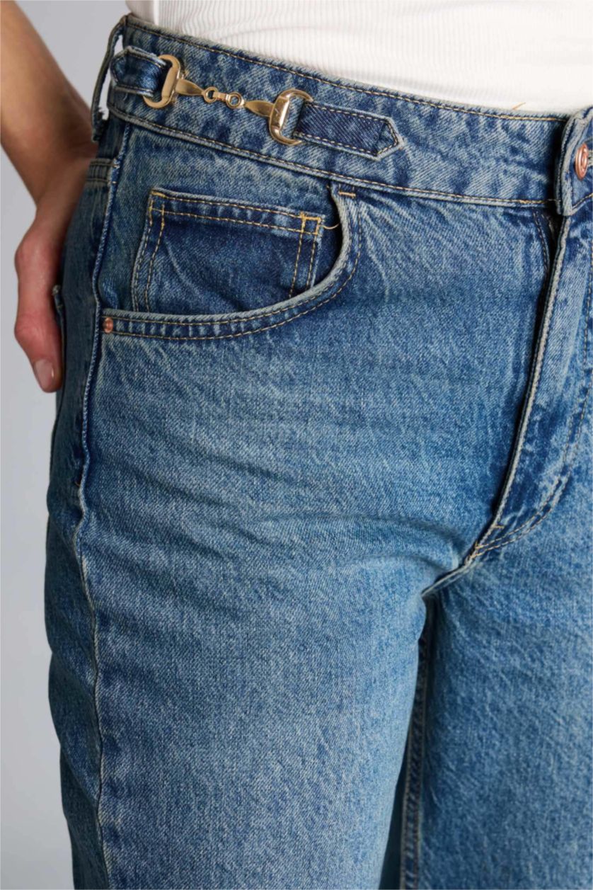 Kadın Mavi Afra x Defacto Crop Flare Fıt Normal Bel Jean Pantolon