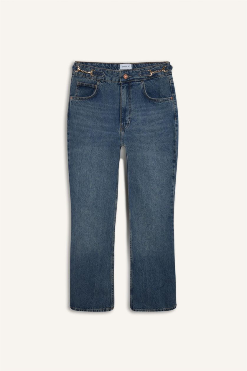 Kadın Mavi Afra x Defacto Crop Flare Fıt Normal Bel Jean Pantolon