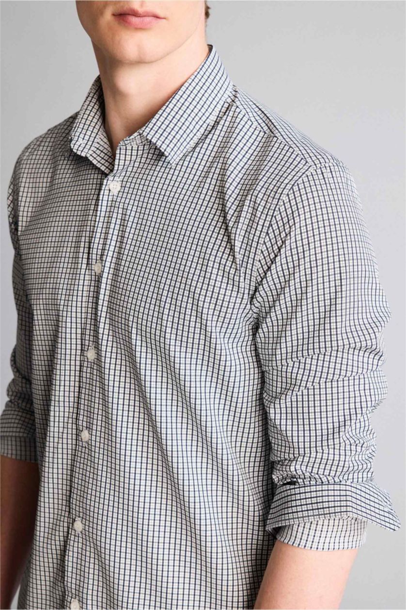 Erkek Lacivert Slım Fıt Gömlek Yaka Baskılı Poplin Uzun Kollu Gömlek