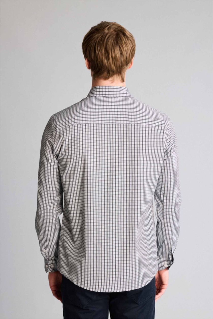 Erkek Lacivert Slım Fıt Gömlek Yaka Baskılı Poplin Uzun Kollu Gömlek