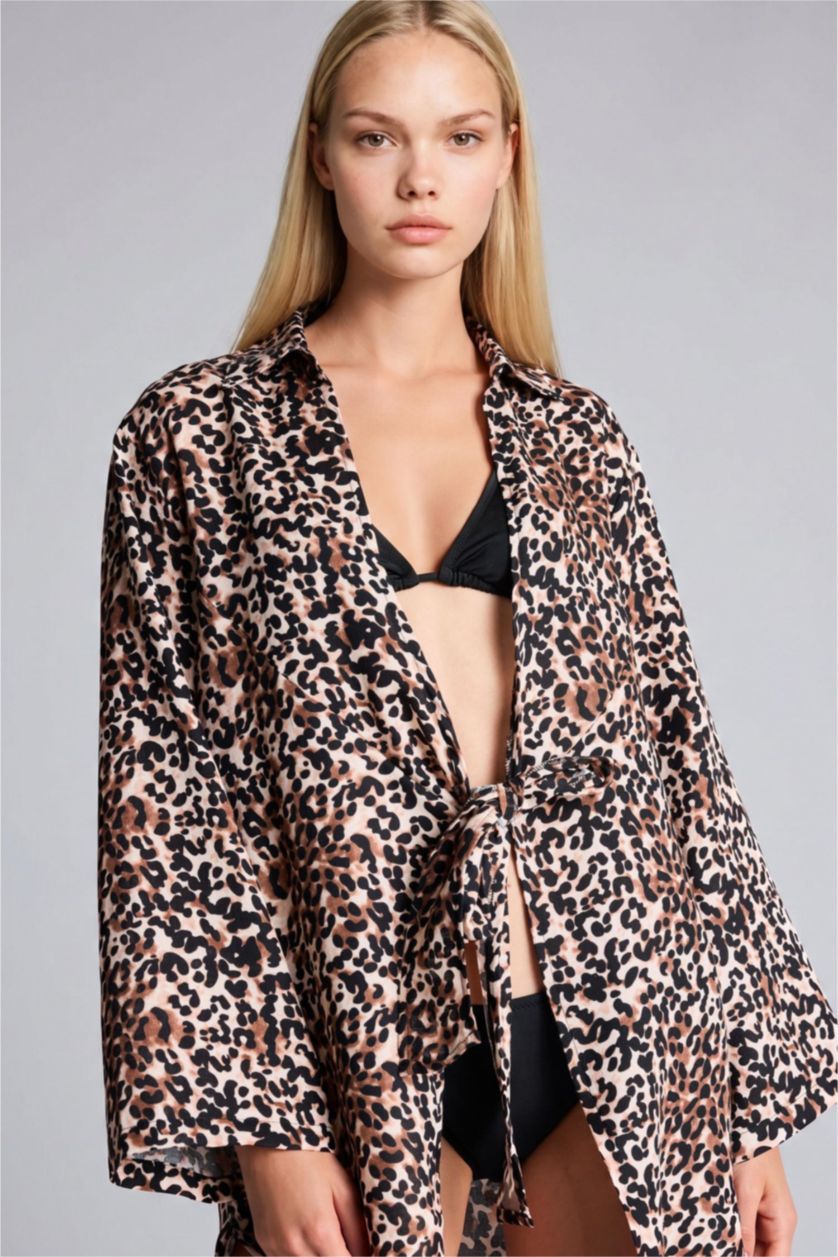 WOMAN Brown Regular Fit Leopard Beach Shirt