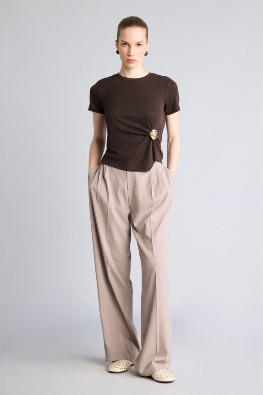 WOMAN Brown Slim Fit Ribana Short Sleeve T-Shirt