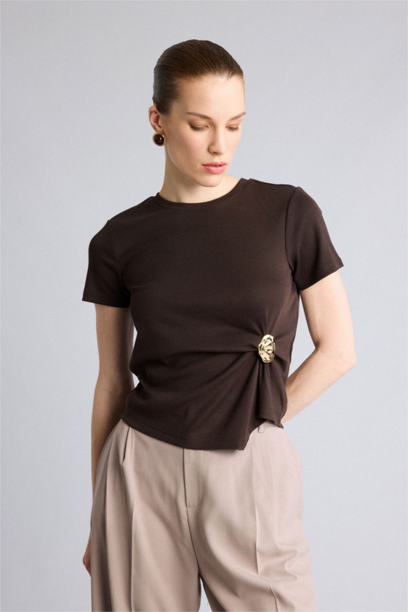 WOMAN Brown Slim Fit Ribana Short Sleeve T-Shirt