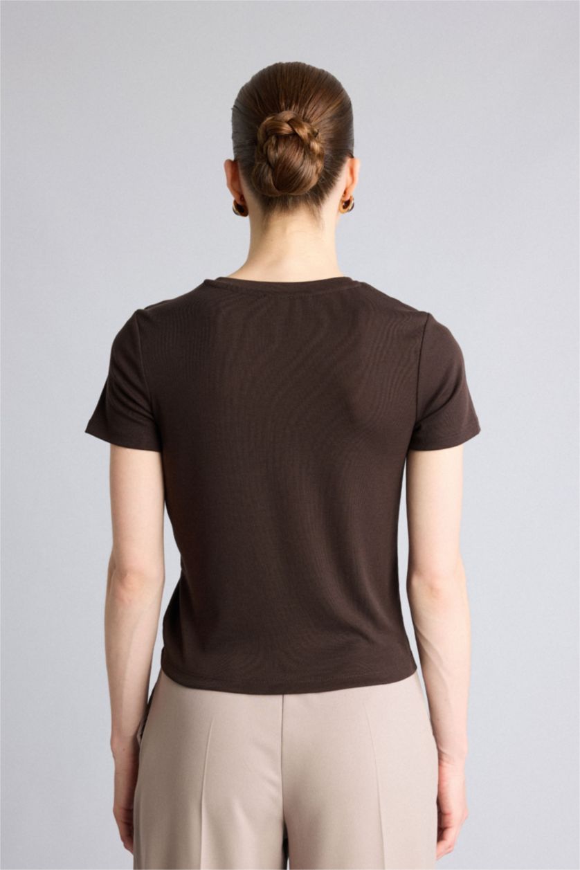WOMAN Brown Slim Fit Ribana Short Sleeve T-Shirt