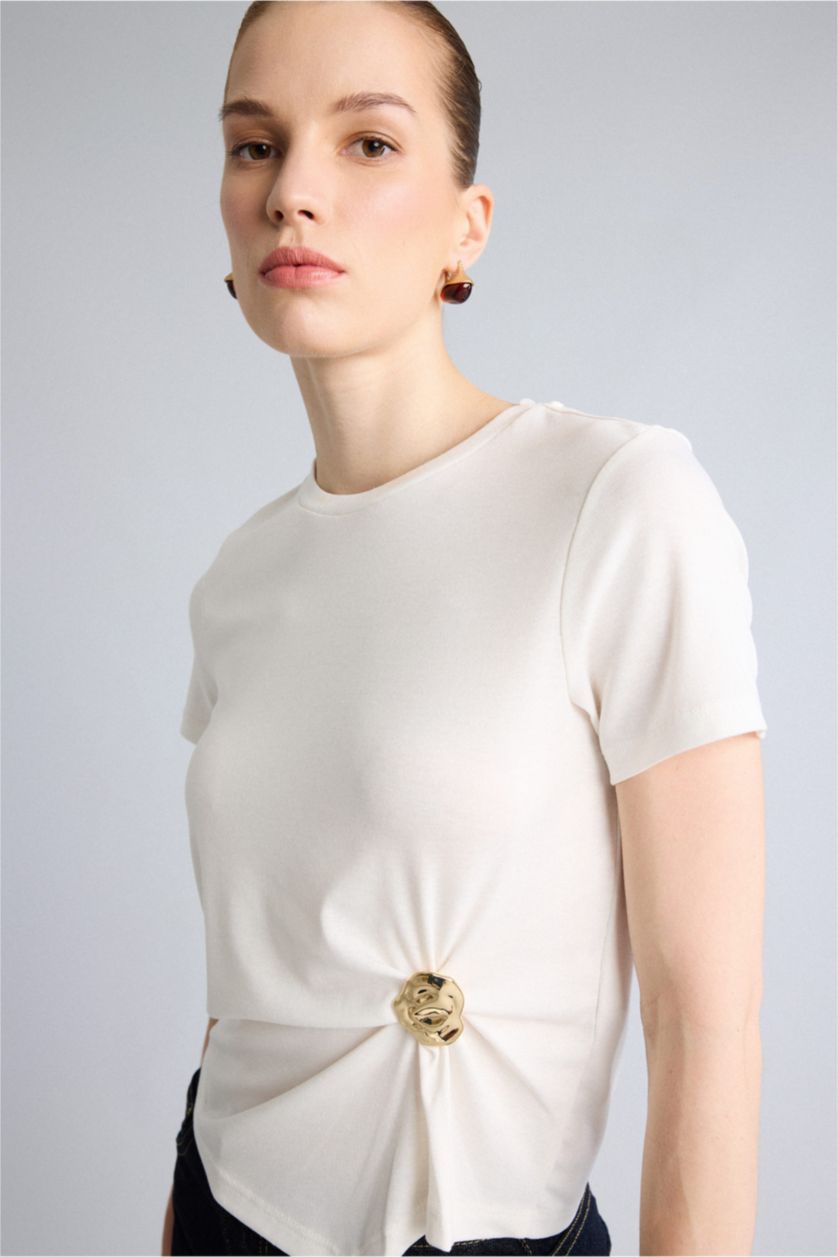 WOMAN Ecru Slim Fit Ribana Short Sleeve T-Shirt