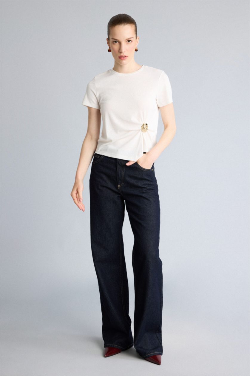 WOMAN Ecru Slim Fit Ribana Short Sleeve T-Shirt
