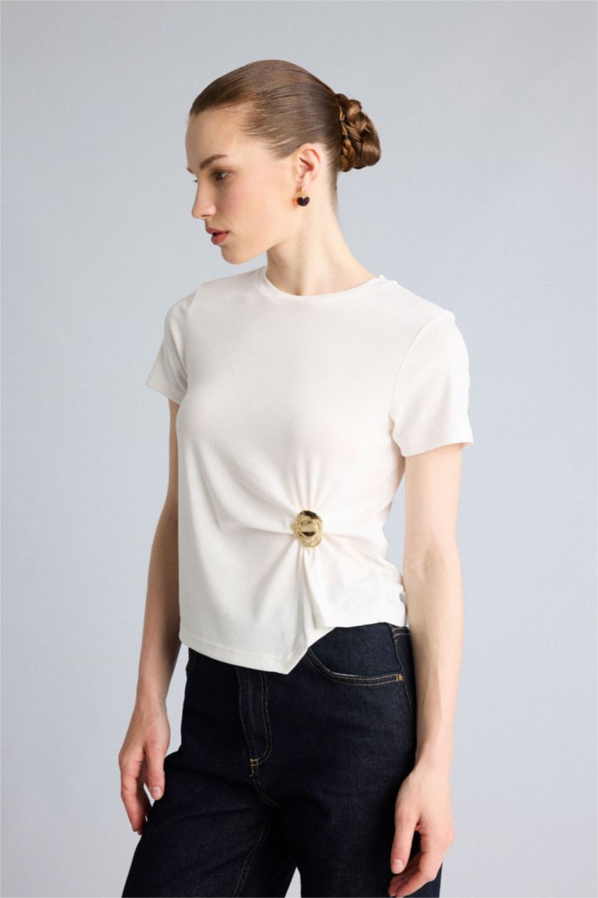WOMAN Ecru Slim Fit Ribana Short Sleeve T-Shirt