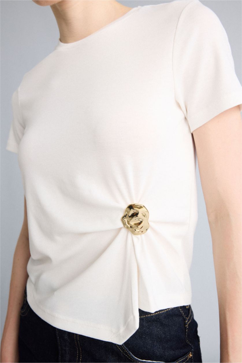 WOMAN Ecru Slim Fit Ribana Short Sleeve T-Shirt