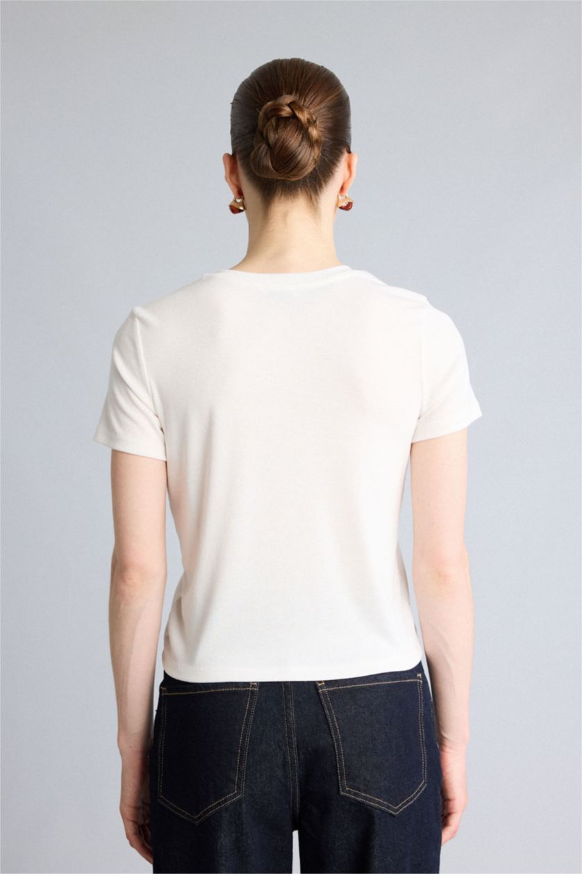 WOMAN Ecru Slim Fit Ribana Short Sleeve T-Shirt