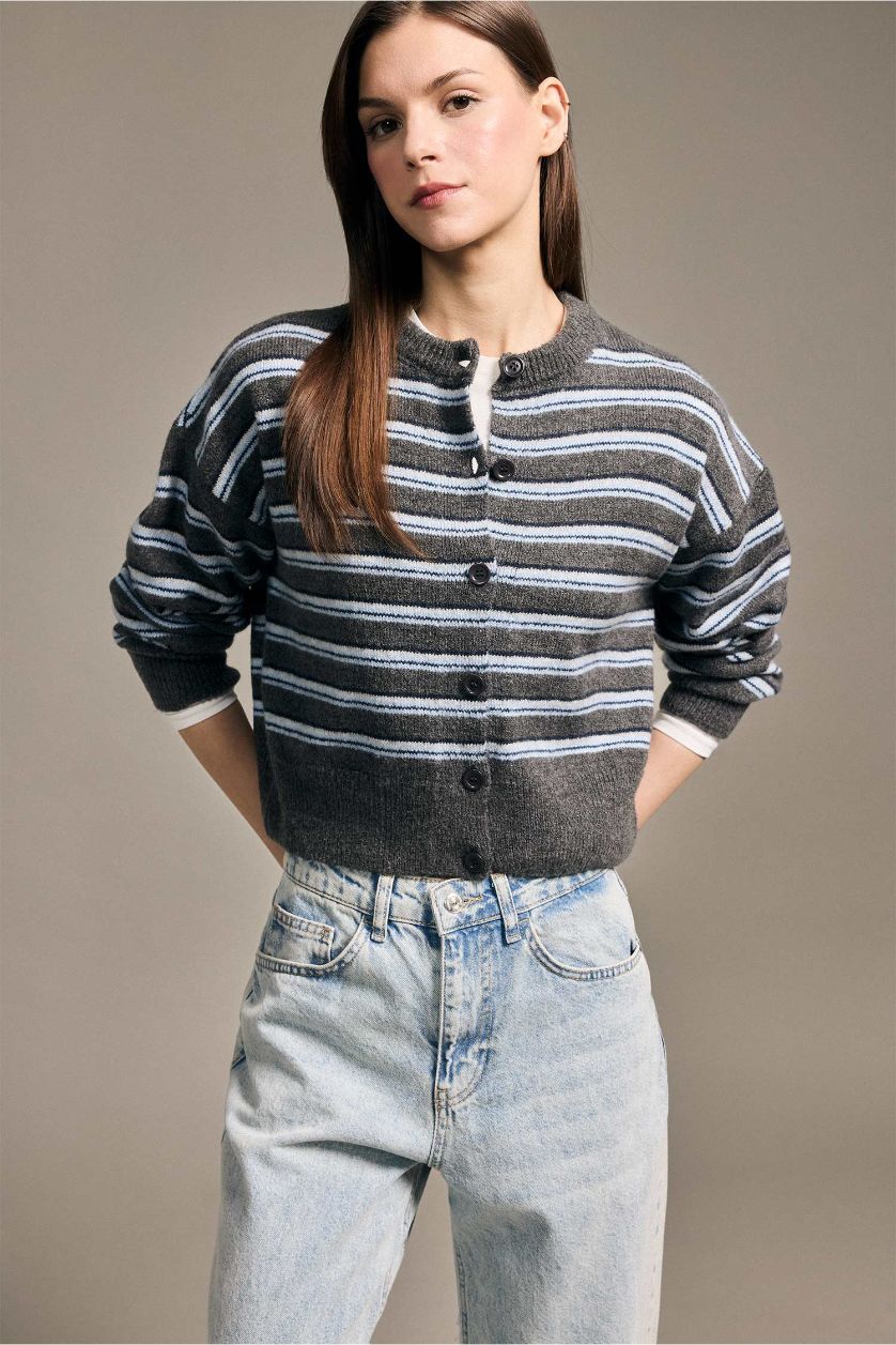 Kadın Antrasit Çizgili Düğmeli Hırka