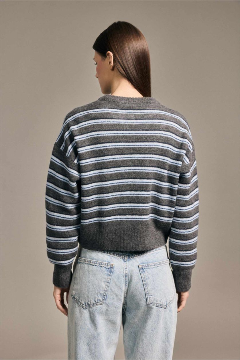 Kadın Antrasit Çizgili Düğmeli Hırka